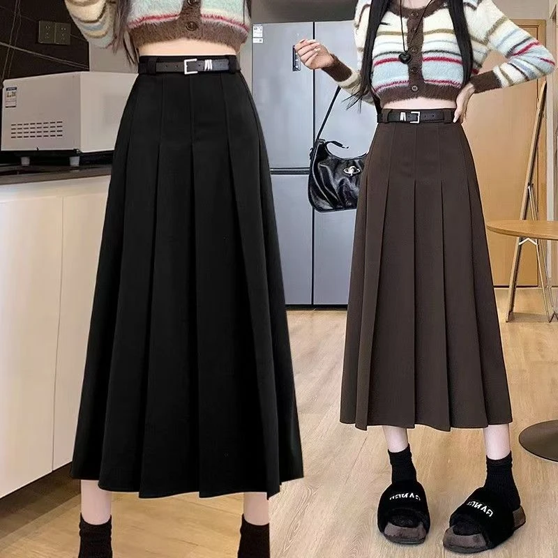 【送腰带】黑色半身裙女秋冬高腰遮胯A字裙小个子毛呢百褶裙长款481