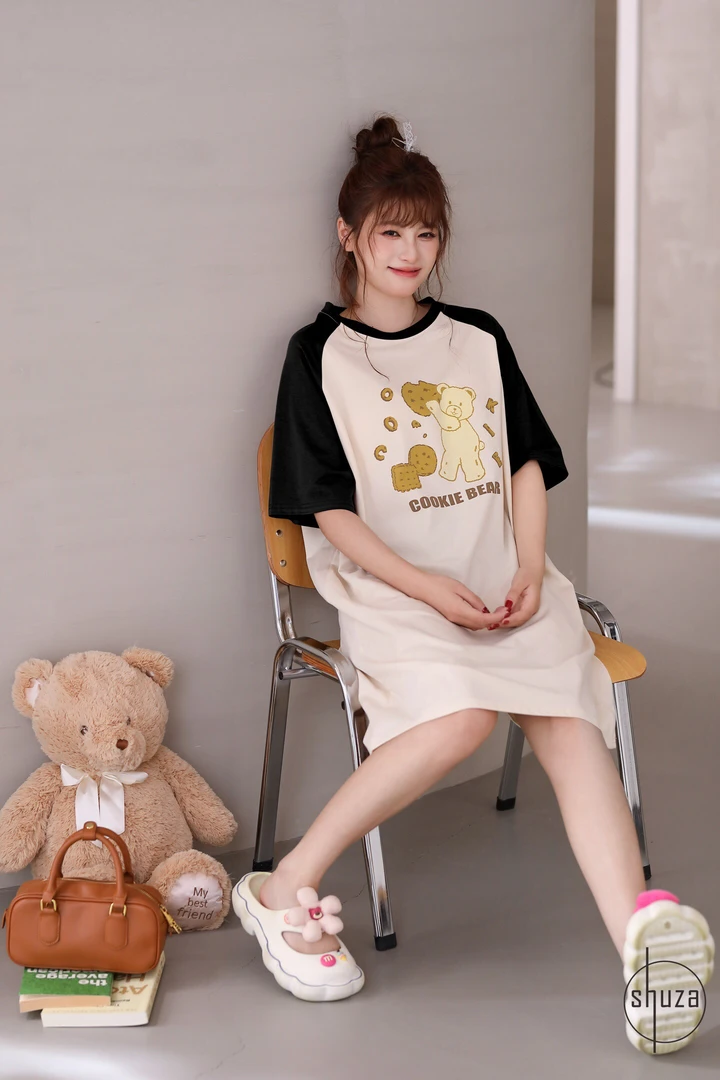 短袖睡裙女款中长款可外穿插肩袖甜美家居服舒适睡衣
