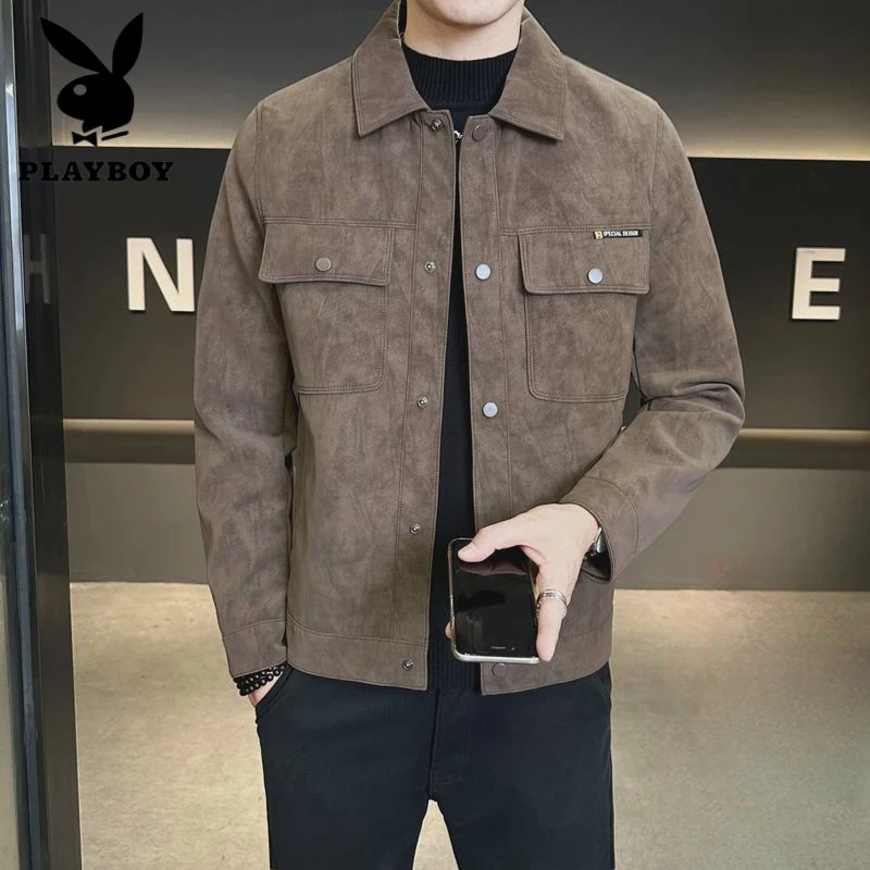 花花公子机车潮牌褂子冬季加绒加厚麂皮绒夹克外套男士新款高品质