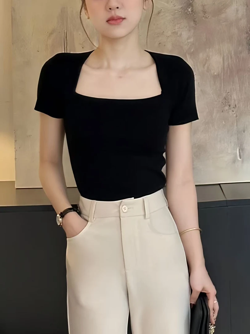 法式复古挂肩方领针织T恤2025年夏季短袖内搭女高级显瘦短袖上衣
