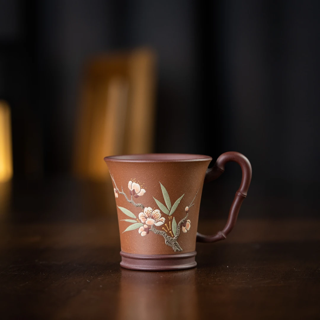 梅竹双清手把杯 双色粉浆100cc 紫砂家用茶周边