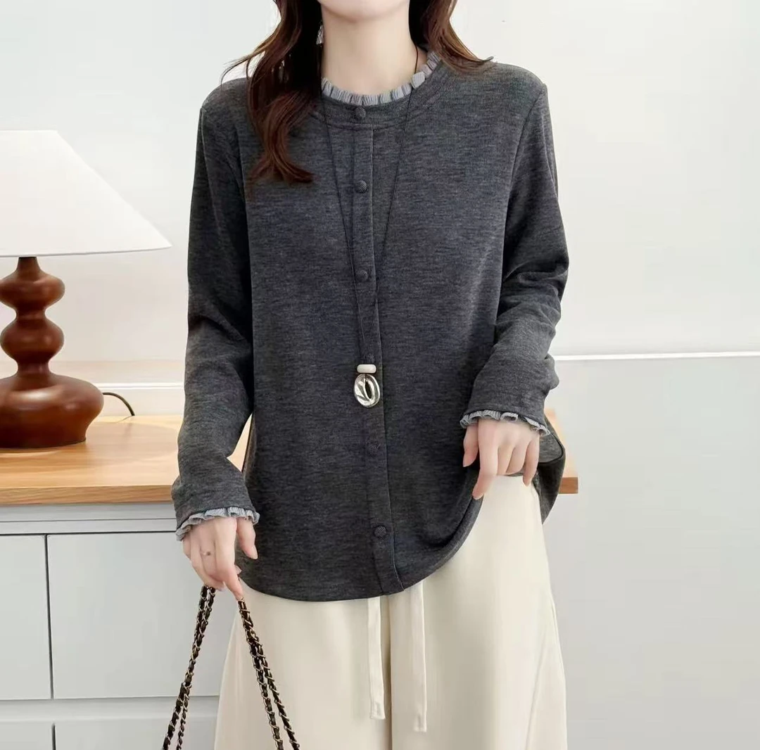 微胖大码女装拼接花边慕斯绒保暖长袖打底衫上衣