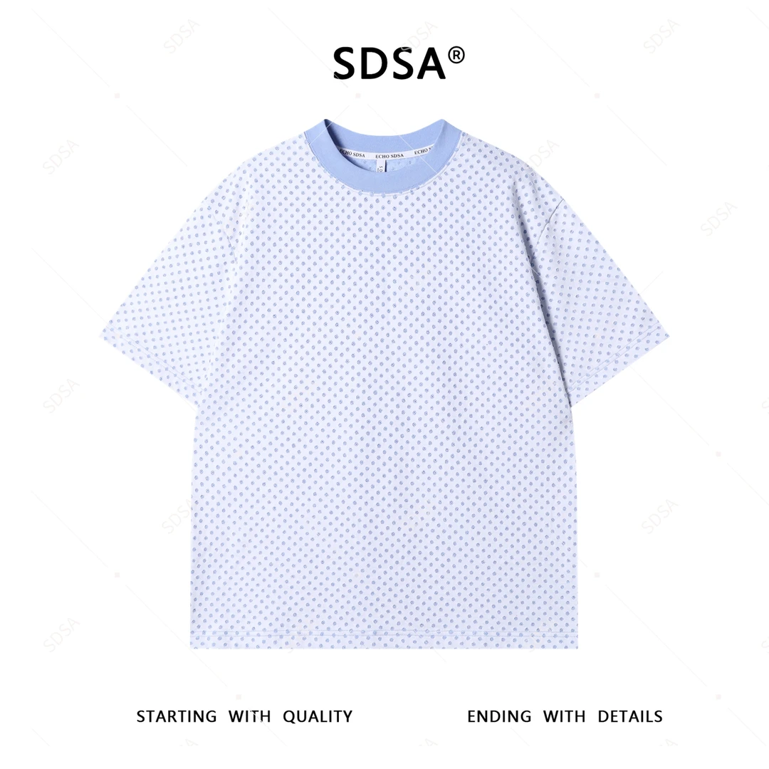 SDSA夏季新款男士痞帅美式撞色磨破设计圆领短袖T恤重工百搭上衣