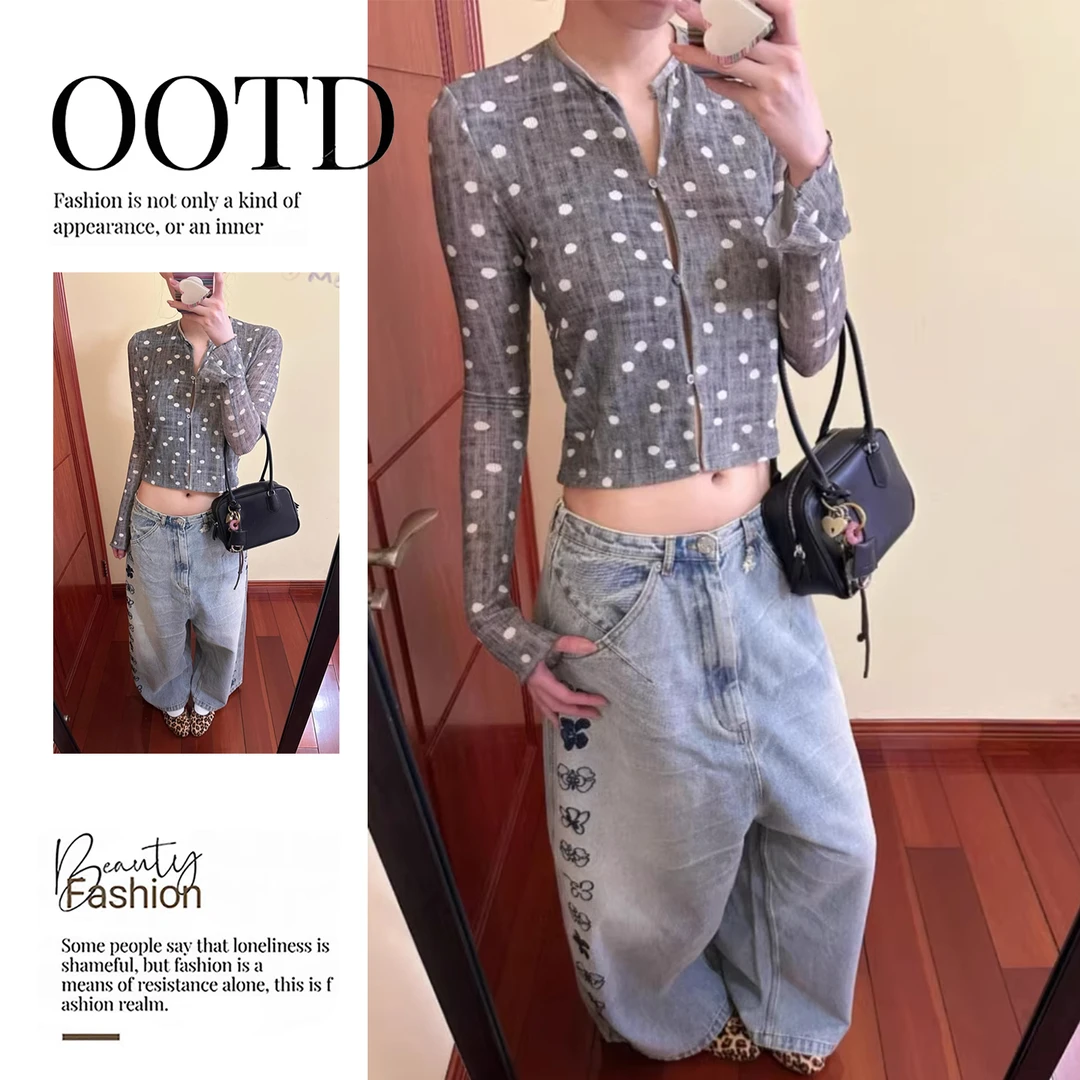 美式复古小香风时髦波点印花开衫女早秋短款小衫修身显瘦长袖上衣
