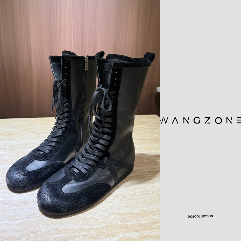 WANG ZONE｜复古麂皮做旧进口麂皮拼小羊皮内增高显瘦百搭德训拳击