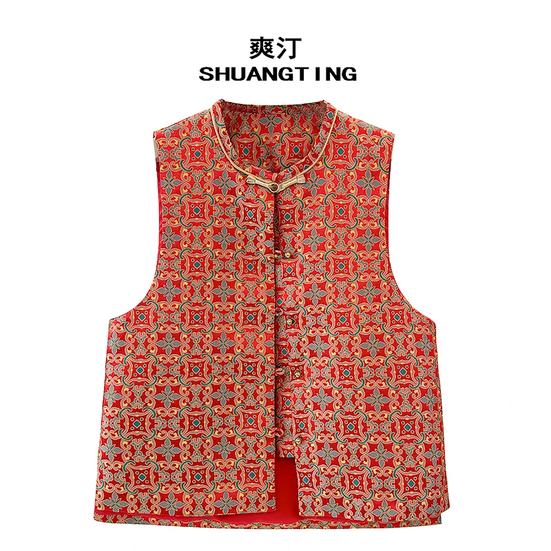 Jokara/丘可儿【梦悠】复古红色织锦马夹民族风坎肩中式盘扣马甲春