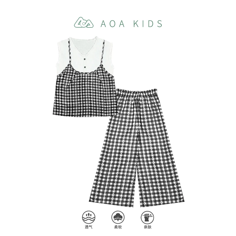 【810】女童棉绸套装夏季儿童女孩两件时尚格子服装洋气透气