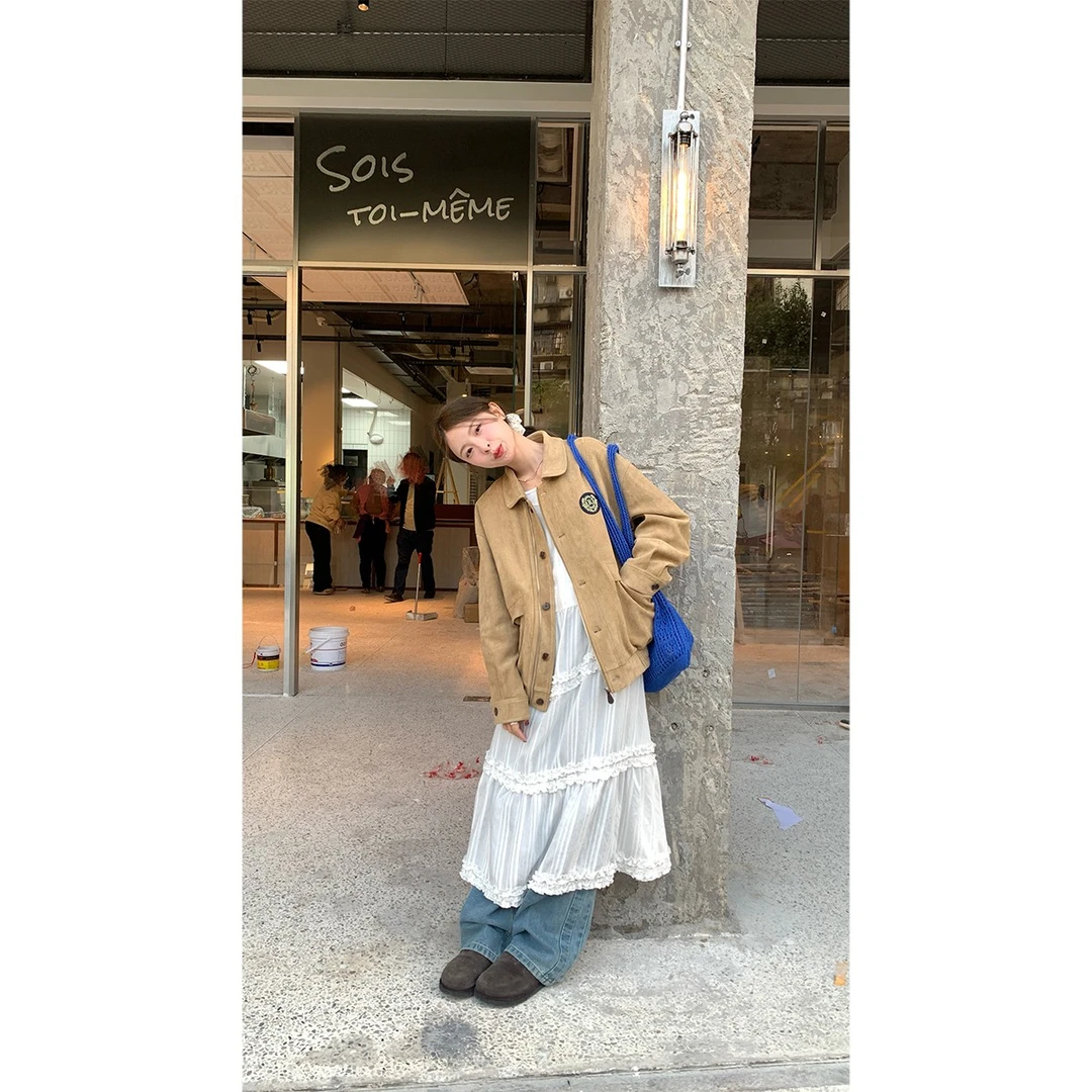 RAINY 复古设计感随性分割翻领外套春秋女宽松慵懒感短上衣