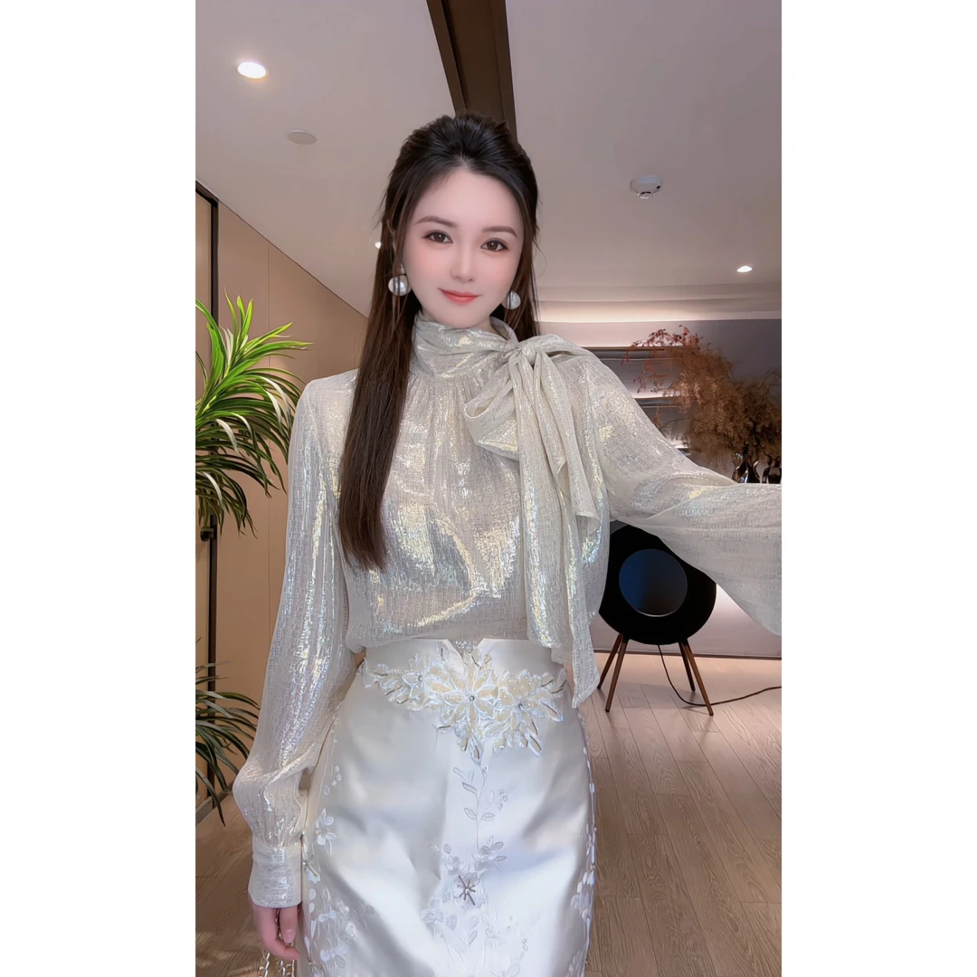 【深圳米熙儿】桑蚕丝金银丝线编织法式蝴蝶结衬衫Y216