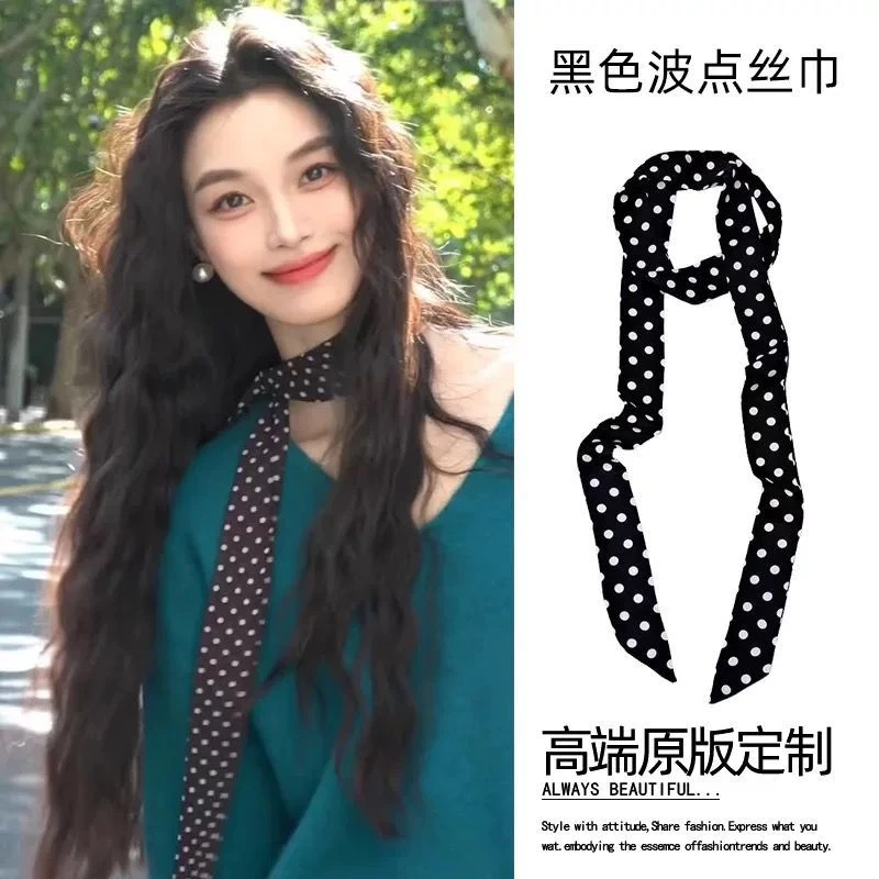 ins风黑色波点细长窄高级感小领带丝巾女飘带扎头发腰带包包缠带