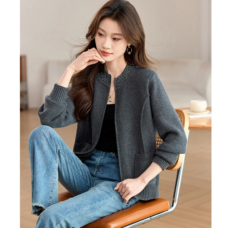 哥弟阿玛施正品春秋季纯色羊毛开衫针织衫女百搭宽松显瘦毛衣外套