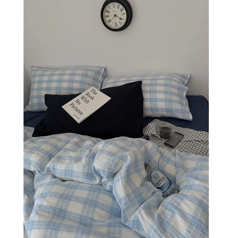 查理的白日梦丨Retro韩国蓬松海盐蓝格双层皱纱全棉床单被套四件