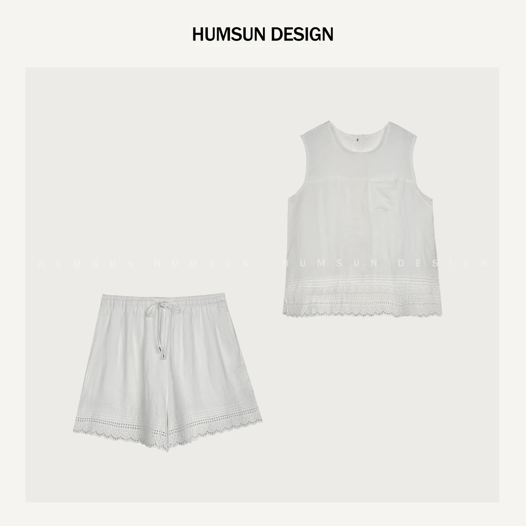 HUMSUN/禾木笙「夏日伊甸」12万针镂空刺绣立裁分割亚麻套装 5A683