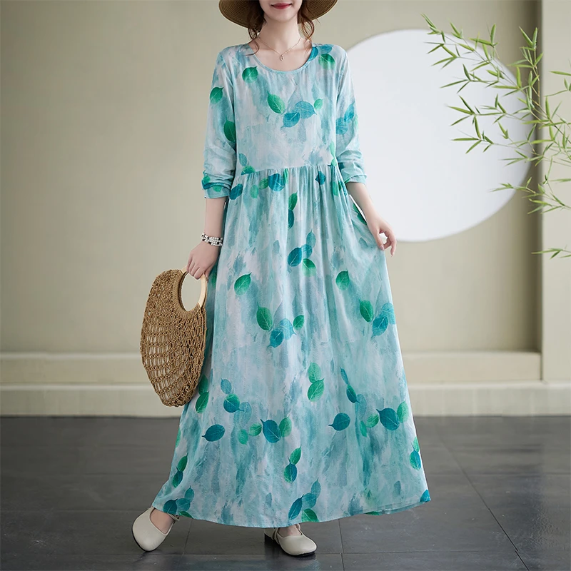 2025秋季新款女复古文艺花色休闲长裙宽松大码印花遮肉长袖连衣裙