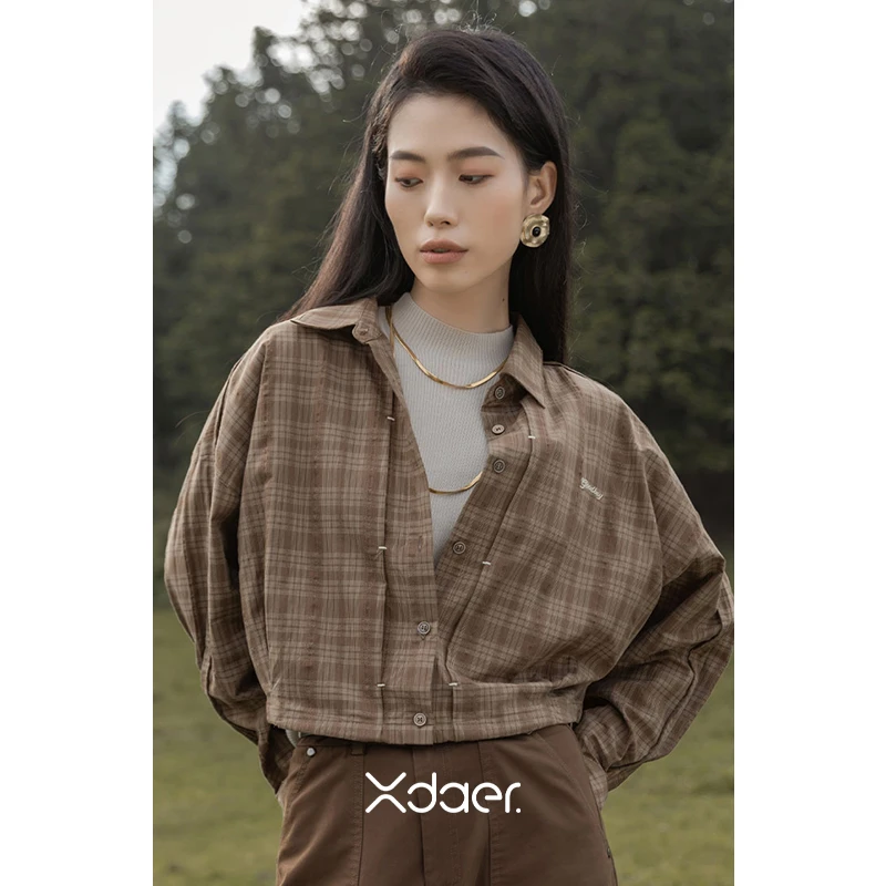 Xdaer/香妲儿百搭文艺时尚翻领长袖短款衬衫格子衬衣C251817
