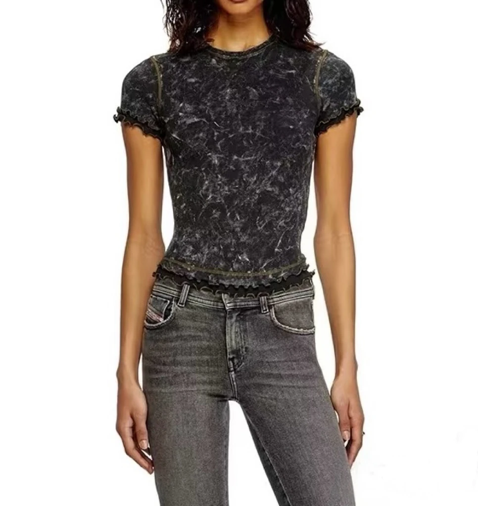 【Vera】ds 25ss正确版本新款荷叶边花边修身短袖T恤黑色夏季