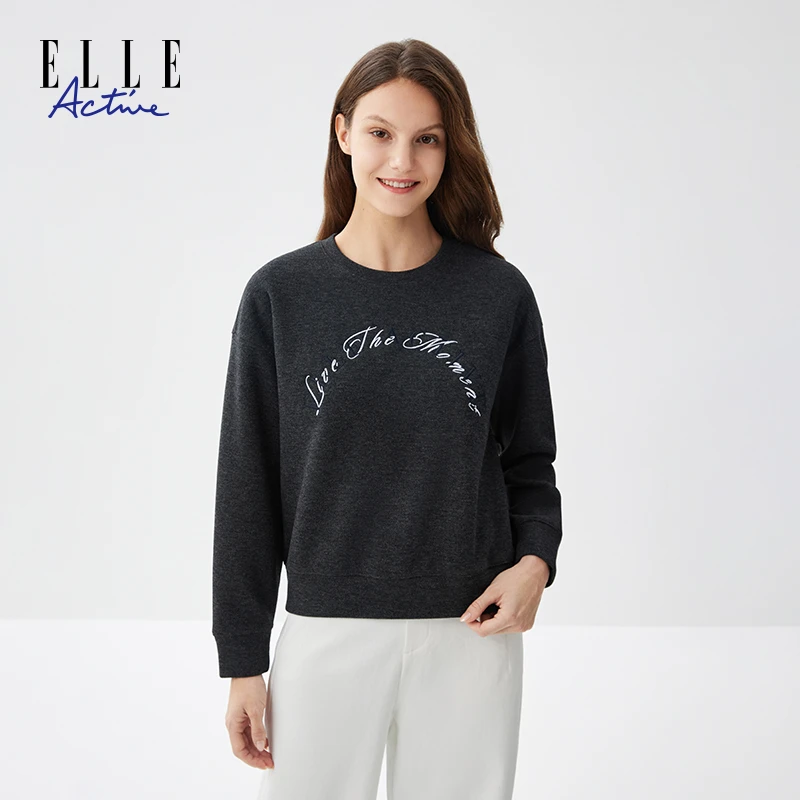 ELLE Active【含绵羊毛】圆领字母绣花卫衣女士短款运动上衣套头衫