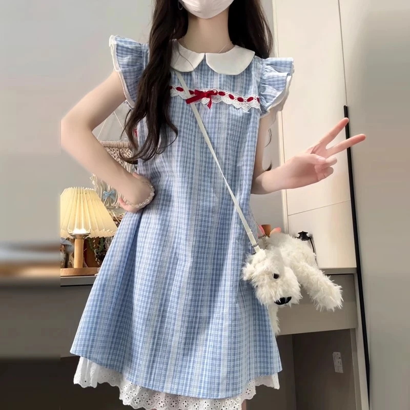 女童夏季新款连衣裙5-12岁女孩时尚娃娃领格子连衣裙甜美公主裙