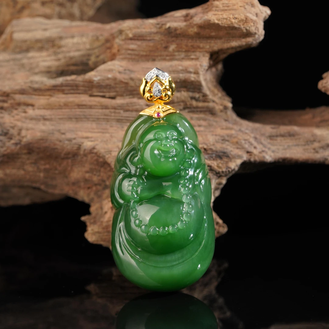 【鹿鸣】弥笑| 18k金和田玉老料碧玉逍遥佛吊坠33*19*10mm不含链D45