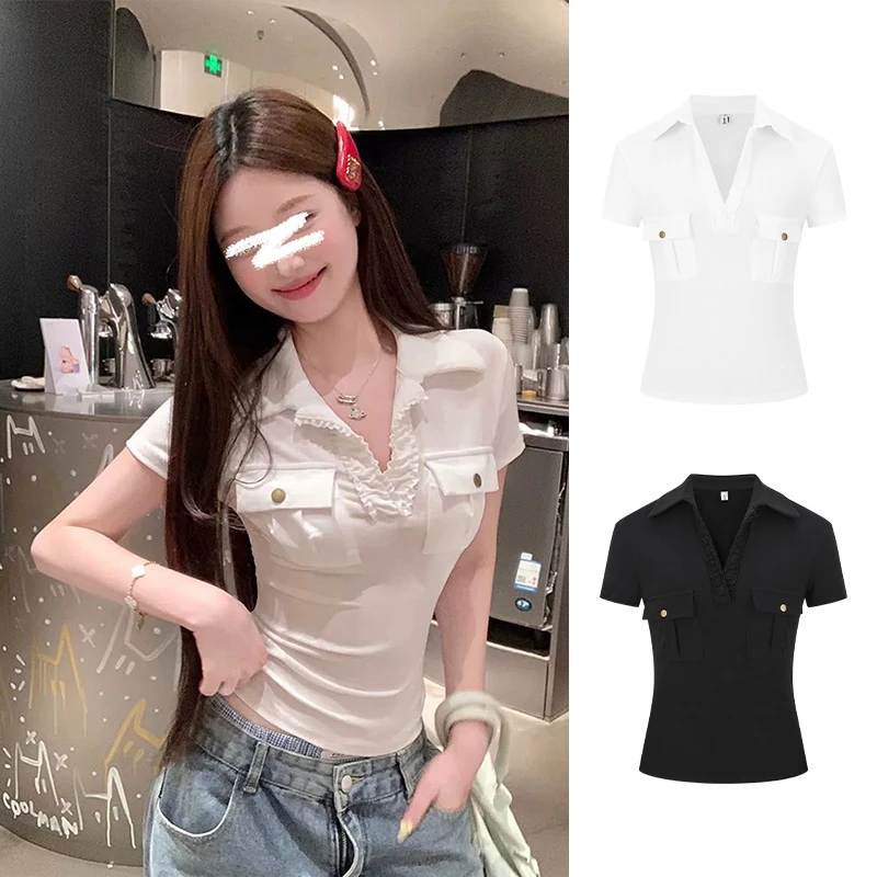 Moses Queen/魔西女王衬衫V领口袋T恤性感设计感修身辣妹短袖上衣