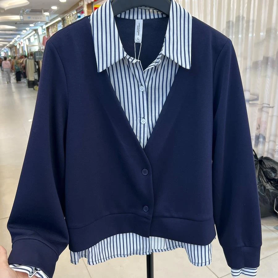 2025春秋新款通勤小资上衣假两件开衫气质翻领竖条纹衬衫外套女潮