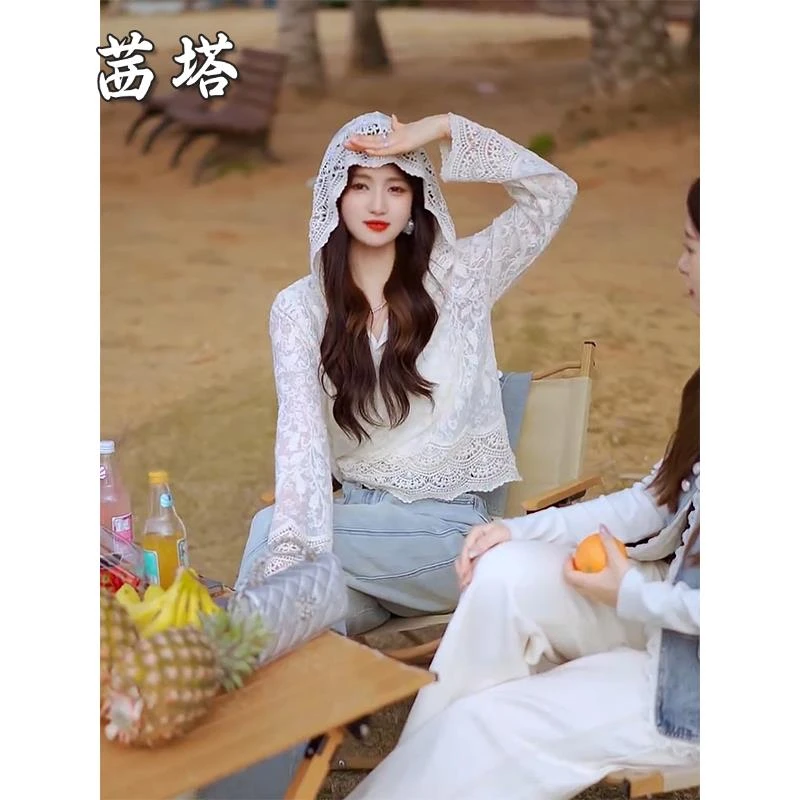 法式设计感钩花镂空连帽蕾丝衫女2025春季韩系慵懒松弛感罩衫上衣