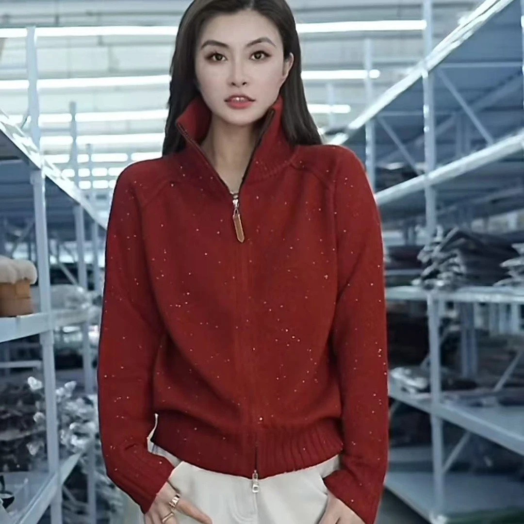 2025秋冬季时尚亮色洋气减龄亮片纯色双拉链气质针织开衫B018#