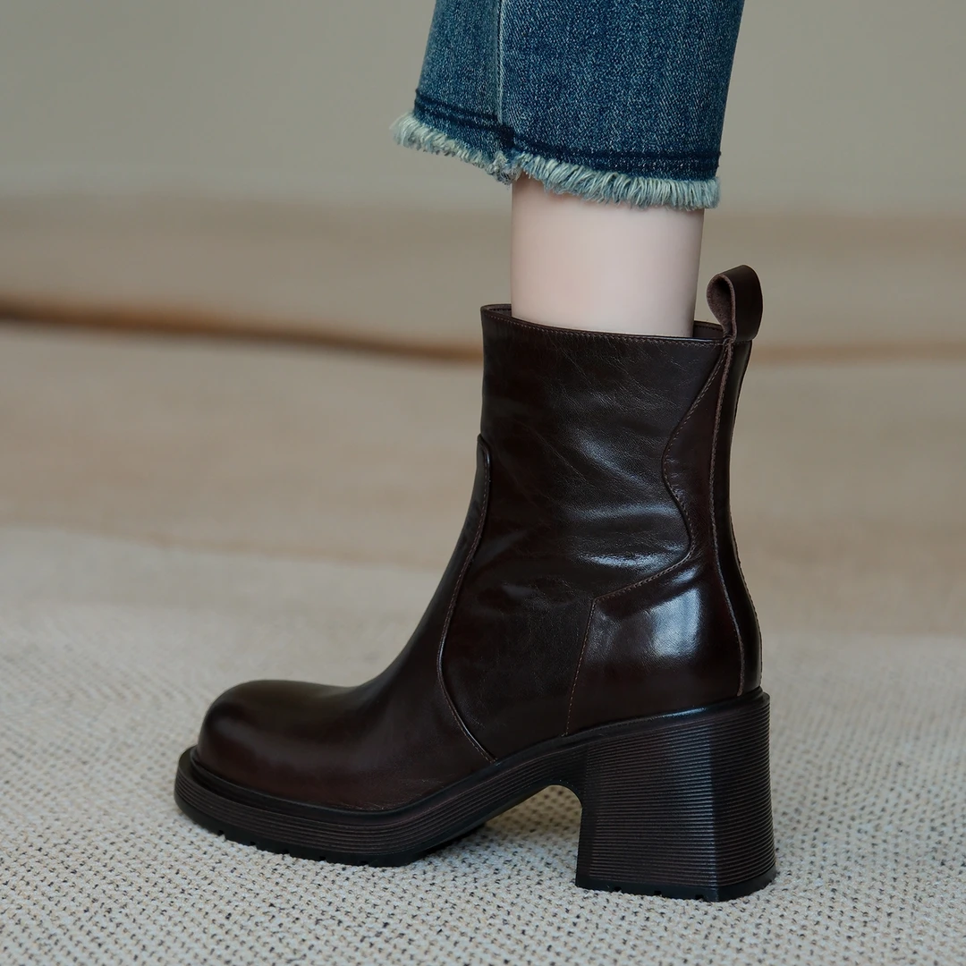 MENEER-M 新款真皮复古圆头厚底粗跟短靴女及踝靴子侧拉链时装靴