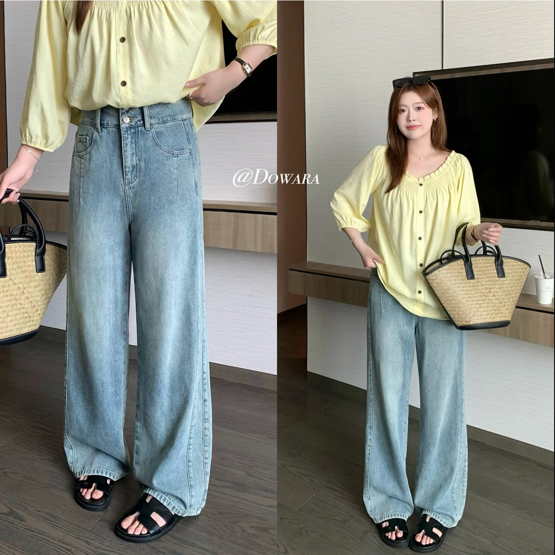 现货大婉酱微胖定制100棉复古显瘦牛仔裤夏季直筒裤高腰长裤6576D