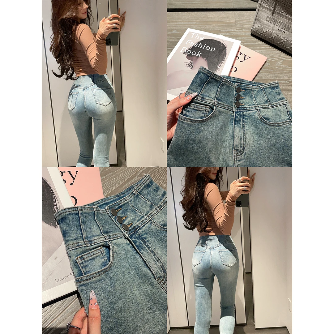 ACHI大也池◆腰封蓝色小脚裤~紧身提臀牛仔裤高腰铅笔裤