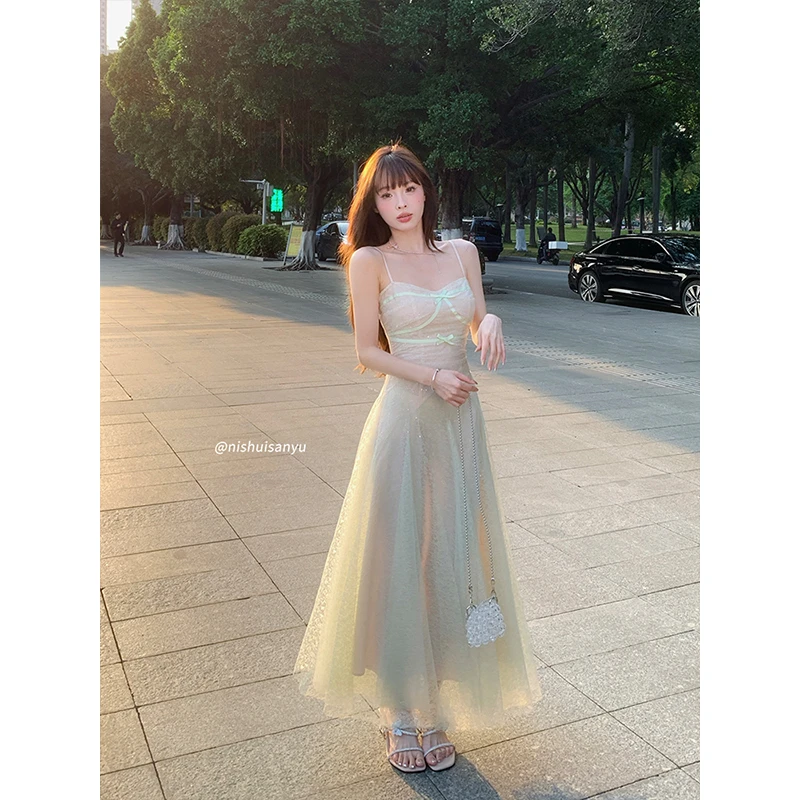 溺水三鱼【日光海滩】夏季气质温柔收腰a字版型珠片蕾丝拼接连衣裙