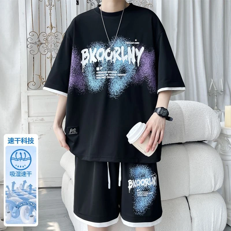 隐匿者2025夏季新款百搭男士速干冰丝休闲套装薄款透气运动套装男