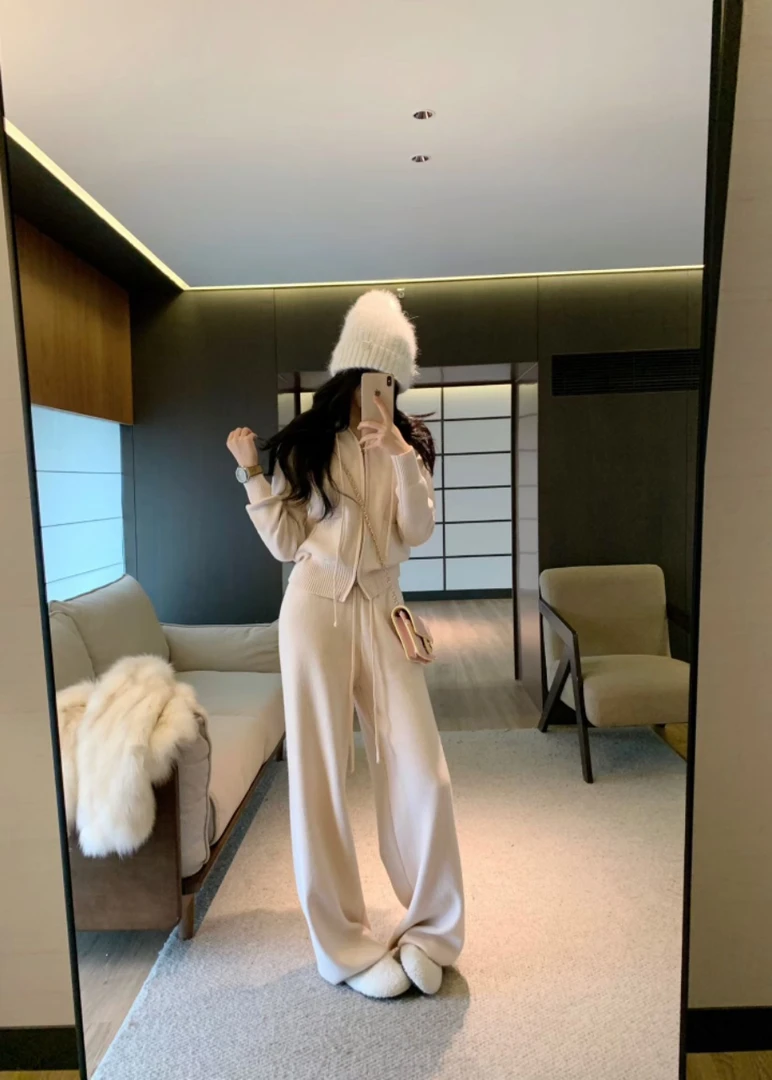 2026秋冬新款韩系粉色连帽卫衣开衫加绒休闲裤保暖休闲针织套装