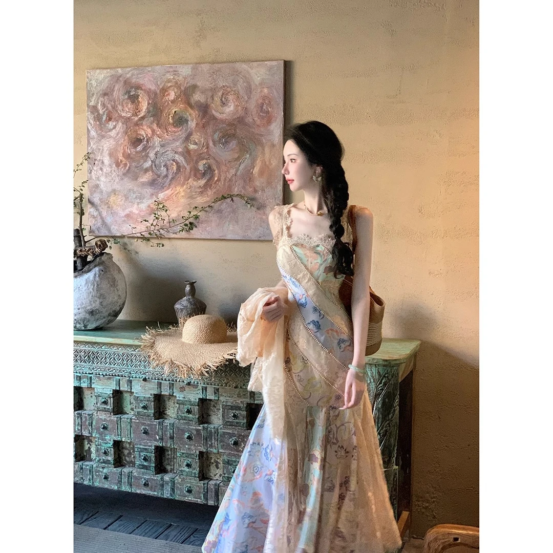 雅乔十四行诗优雅夏装小众设计师款蕾丝拼接修身鱼尾连衣长裙1978