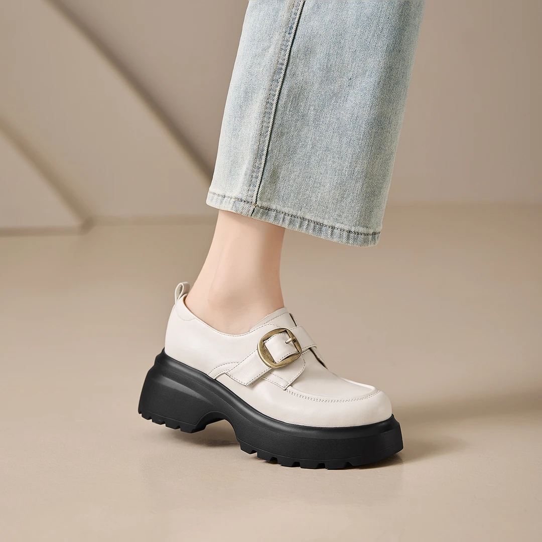 7cm松糕厚底秋单鞋新款小个子增高乐福鞋魔术贴复古高跟粗跟皮鞋