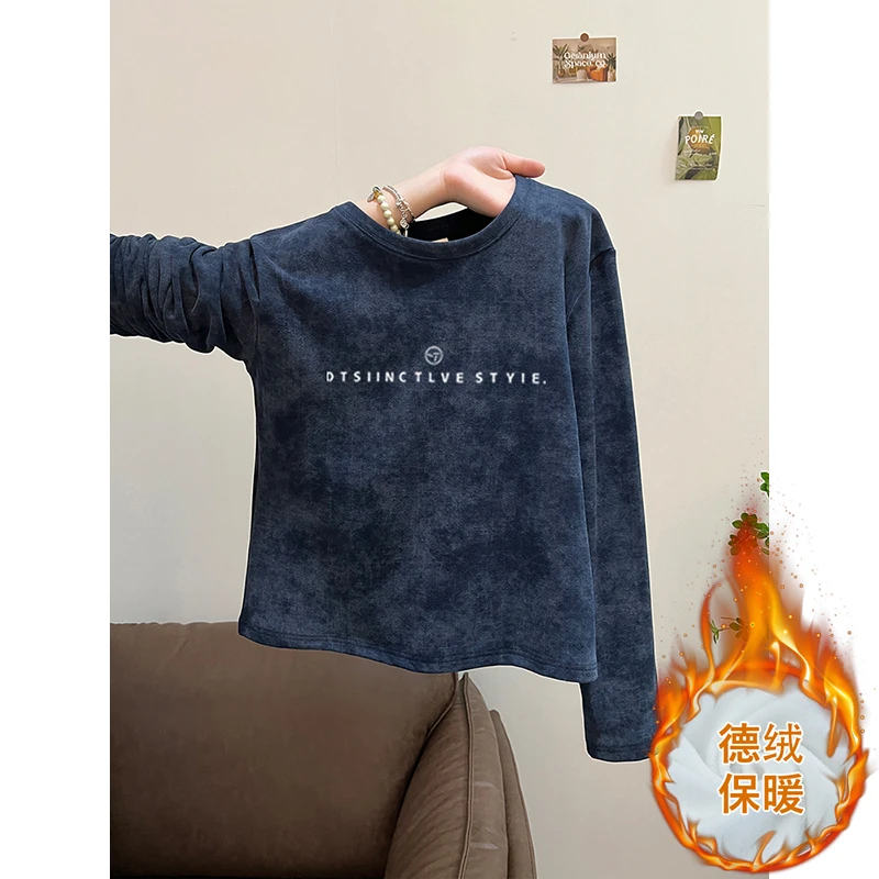 秋冬季美式扎染新款德绒磨毛长袖t恤女时尚百搭加厚打底衫上衣潮
