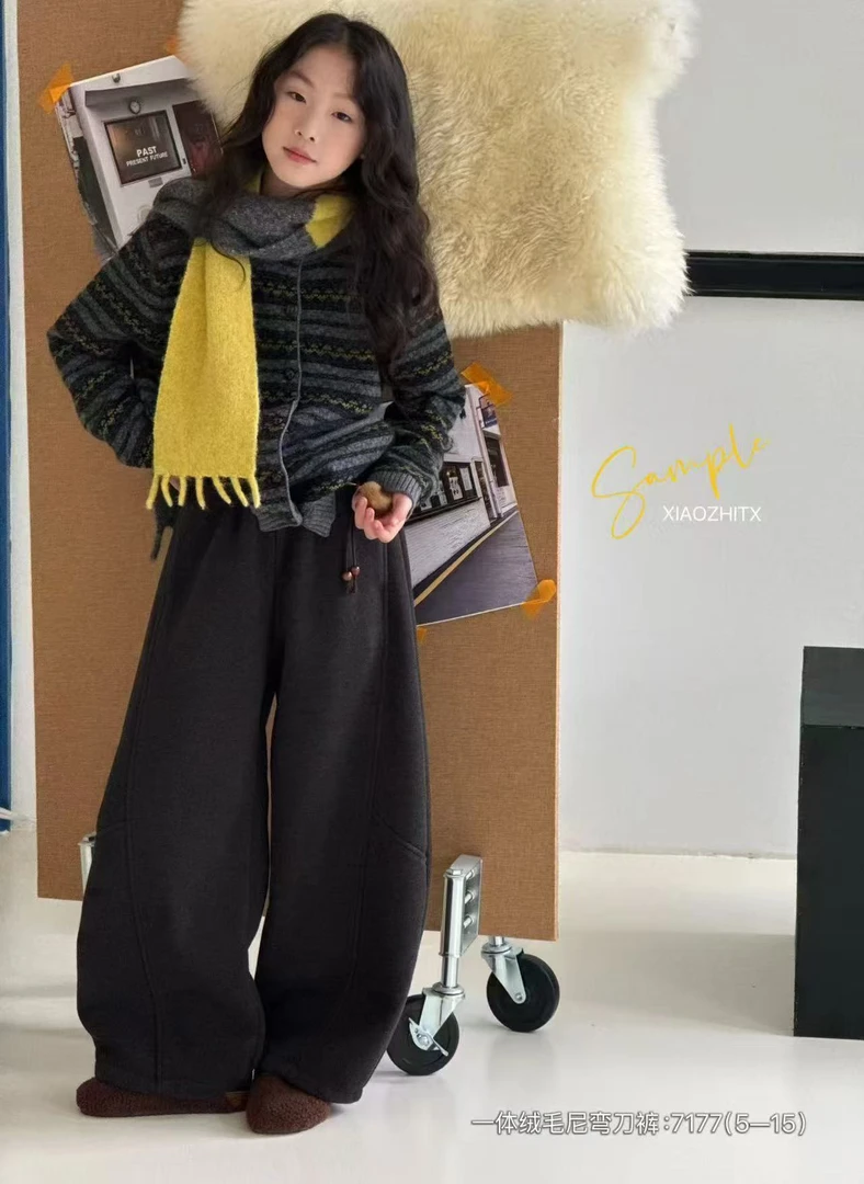 冬季新款女童休闲裤百搭遮肉儿童弯刀裤时尚显瘦休闲阔腿裤中大童