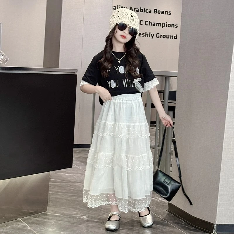 女童白色半身裙夏季套装2025新款儿童蛋糕裙女大童超好看过膝长裙