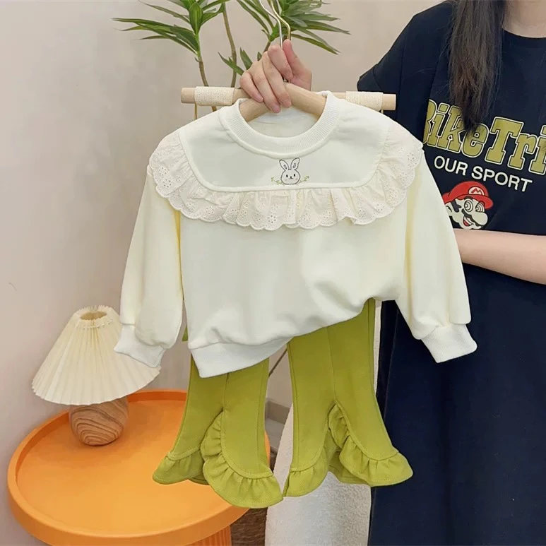 女童2025春季新款花边卫衣喇叭裤两件套洋气23401