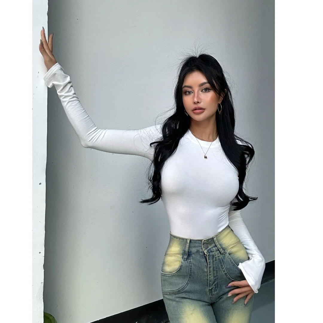 【蜜蜜家】棉花糖 欧美辣妹圆领纯色柔软亲肤百搭长袖T恤 24Z484