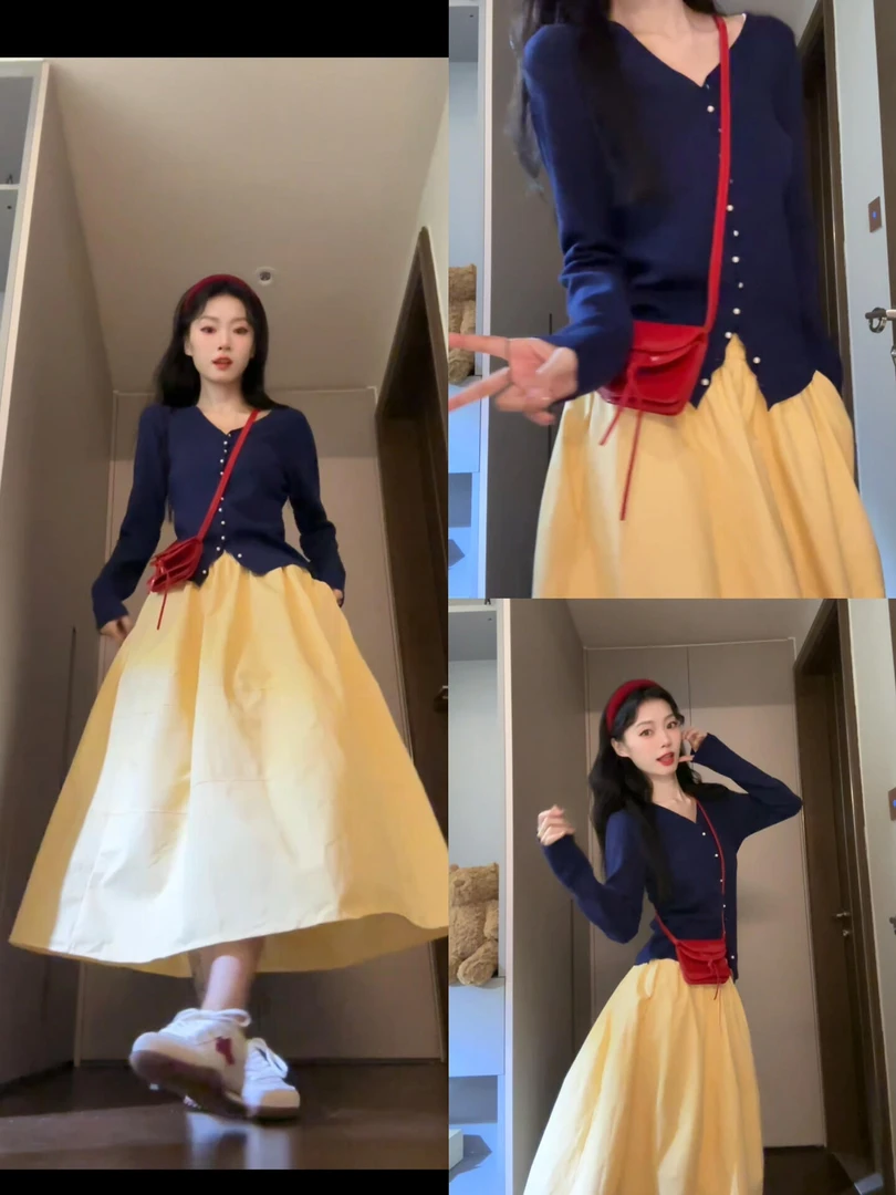 秋季穿搭一整套女2025新款不规则门边v领针织衫高腰半身裙套装女