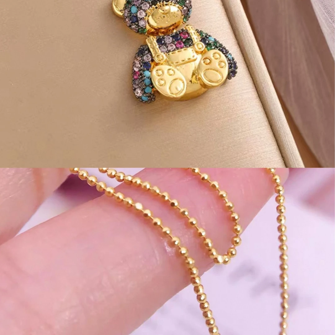 钛钢项链 2453钛钢重工米珠链满镶彩锆小熊锁骨项链（长45）