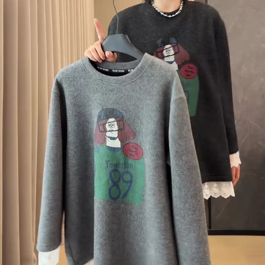 冬季蕾丝设计感拼接休闲慵懒风打底衫加绒T恤LK2501081