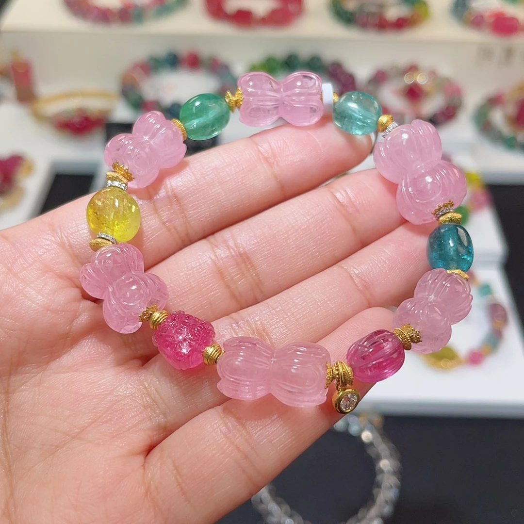 碧玺手链18K金镶嵌 莲花 醒狮南瓜珠原石