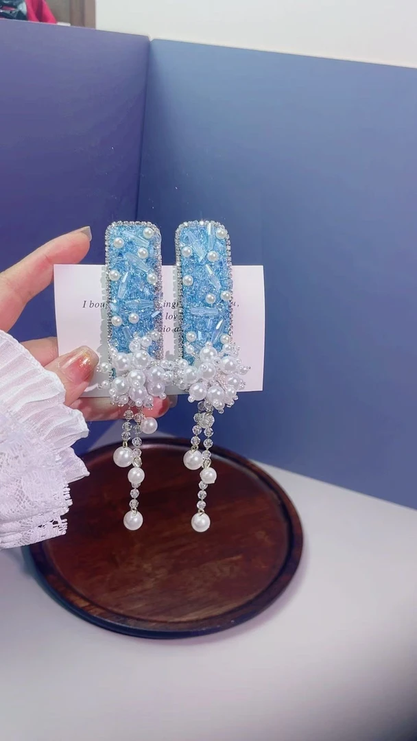 冰清美人蓝色系轻奢精致珍珠发夹新中式流苏边夹发饰新款