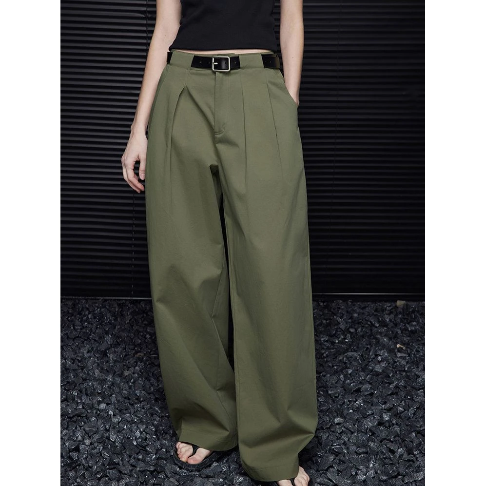 美貌色系！绿色宽松阔腿裤女早秋新款百搭高腰修身垂感直筒休闲裤