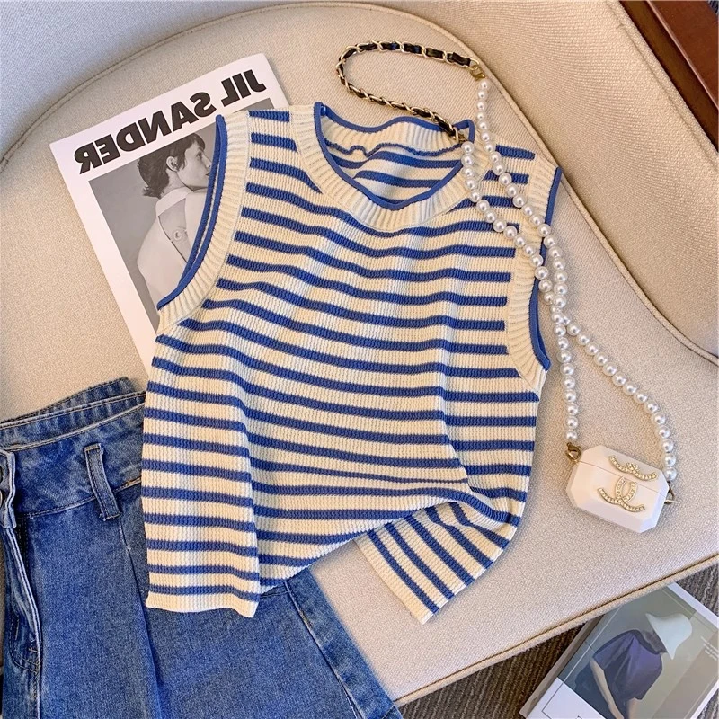 复古撞色条纹针织背心女夏设计感小众短款无袖冰衣T恤衫