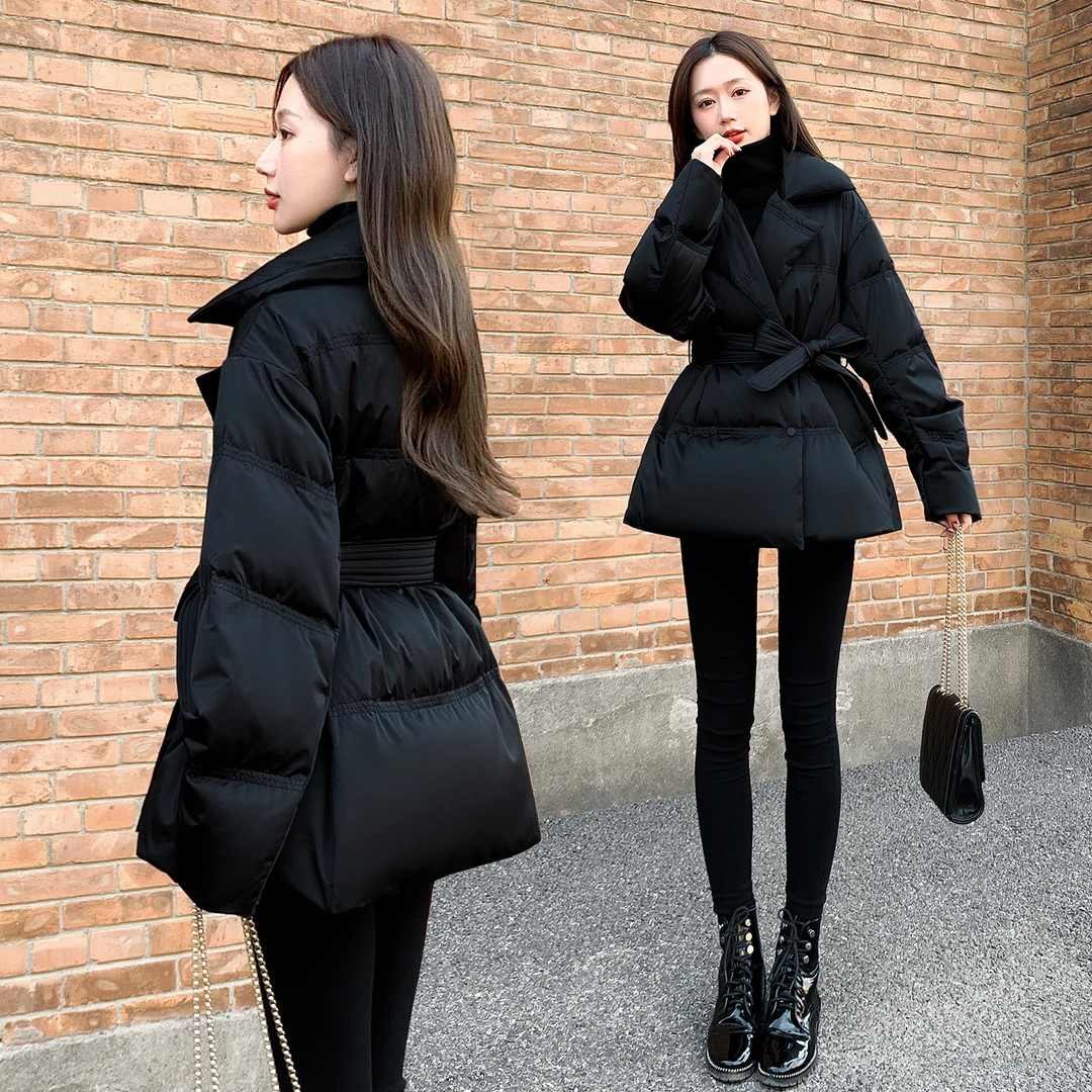 2025新款女装冬季修身收腰中长款羽绒服女西装领90白鸭绒外套黑色