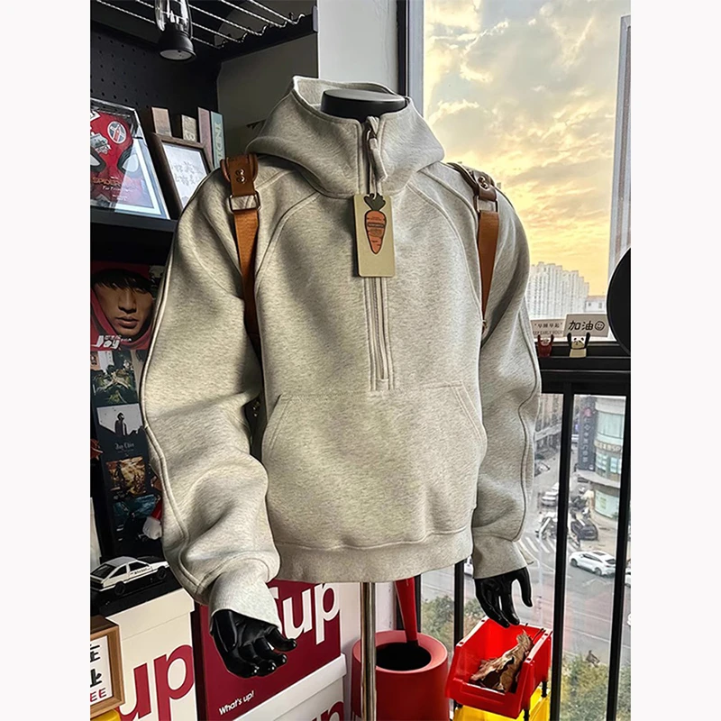 重磅硬挺美式卫衣男款boxy短宽版型半拉链外套解构设计感连帽上衣