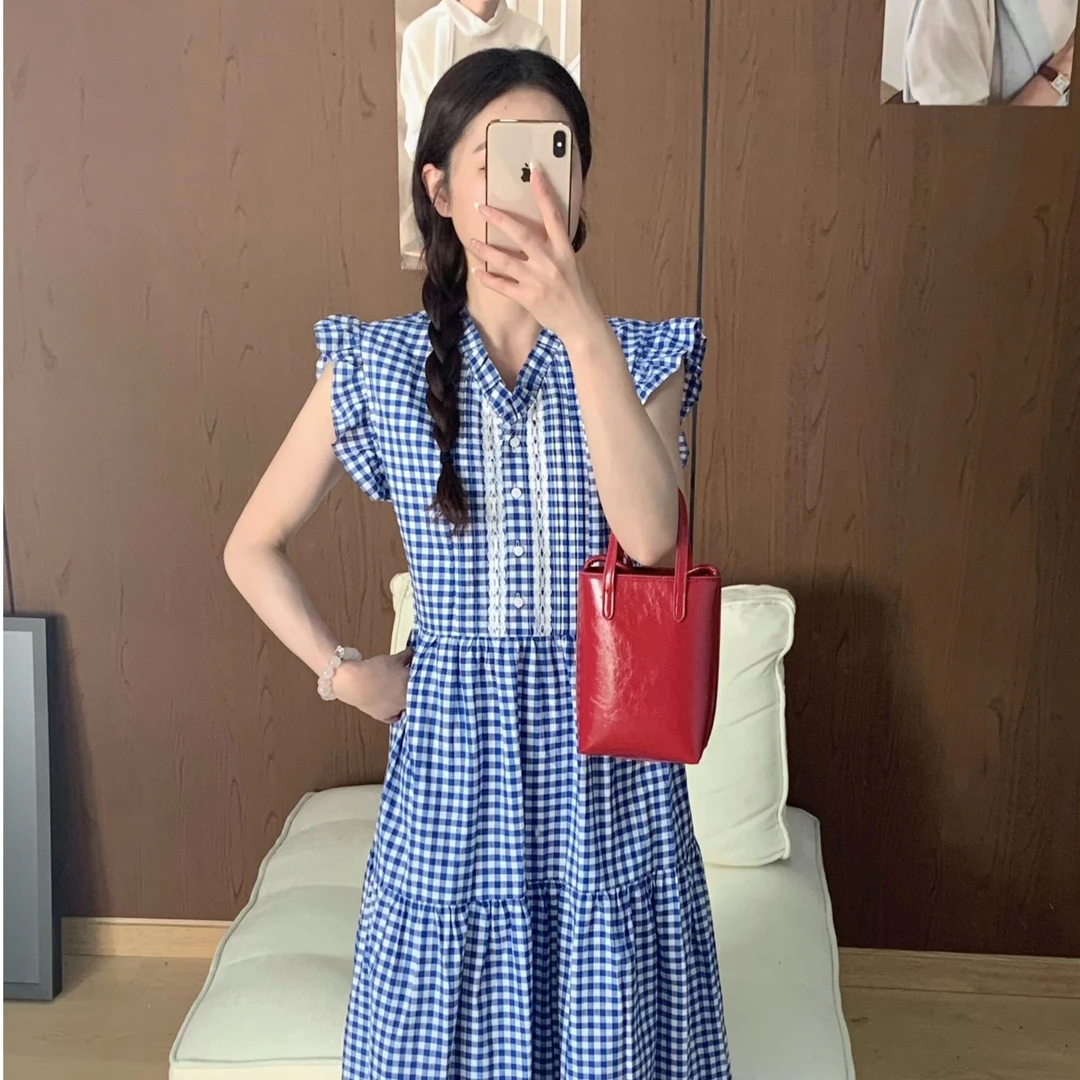 one two格子法式连衣裙夏季韩版宽松飞飞袖学生复古无袖